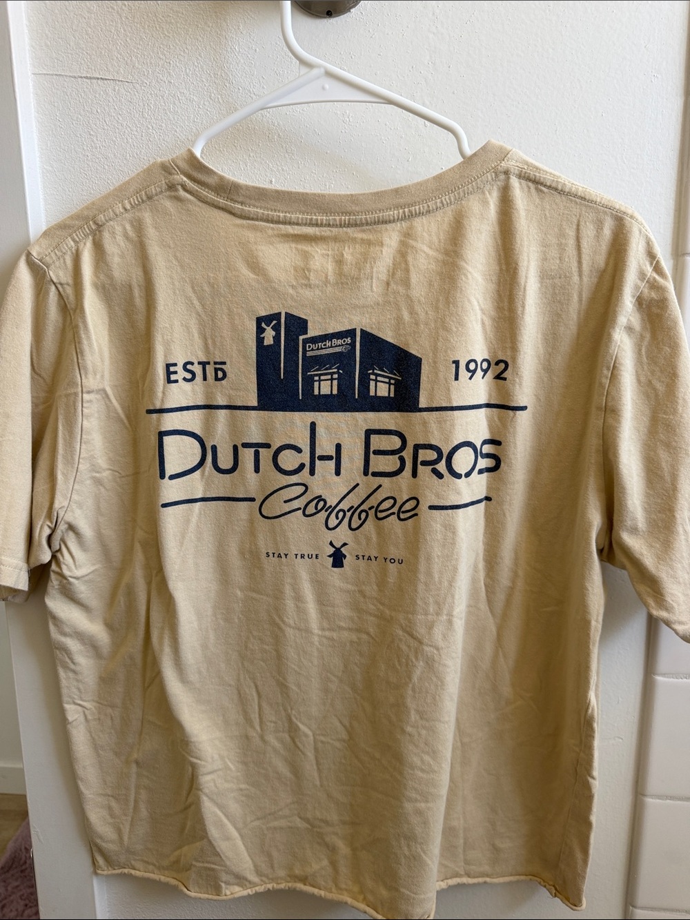 Dutch Bros Cropped Beige Graphic Tee with Navy Logo - Picture 2 of 3
